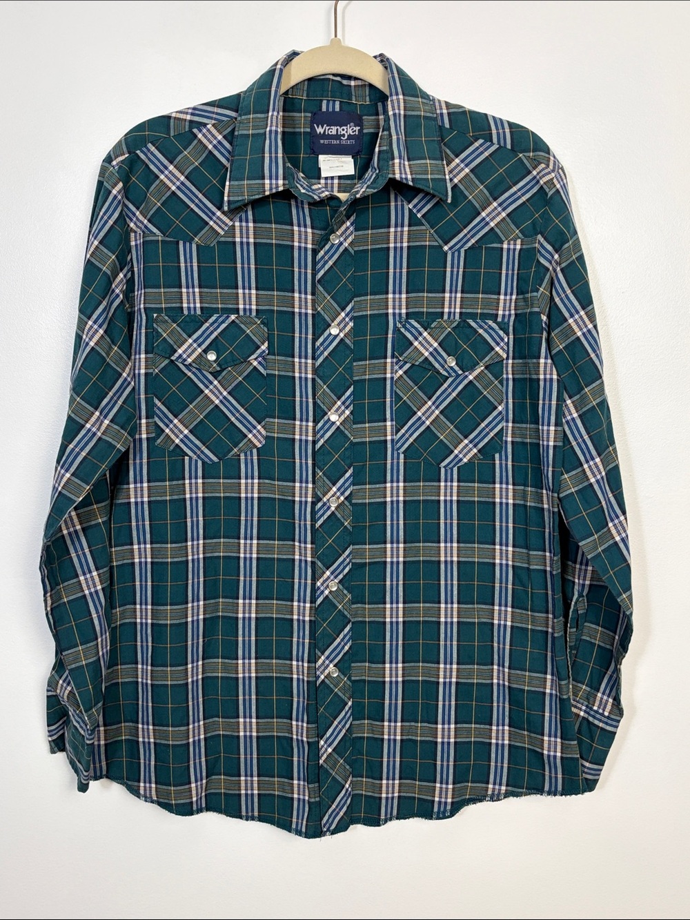 Wrangler Green Plaid Pearl Snap Button Down Shirt Men’s Size Medium Western